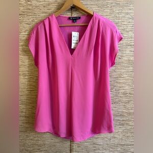 INC Top Women Medium Bright Peony Pink Inverted Pleat V-Neck Top Chiffon Ponte